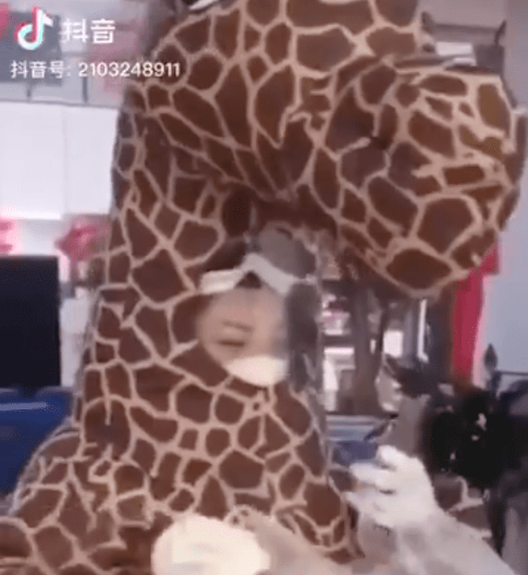 A falta de equipo sale disfrazada de jirafa para evitar el coronavirus (VIDEO)