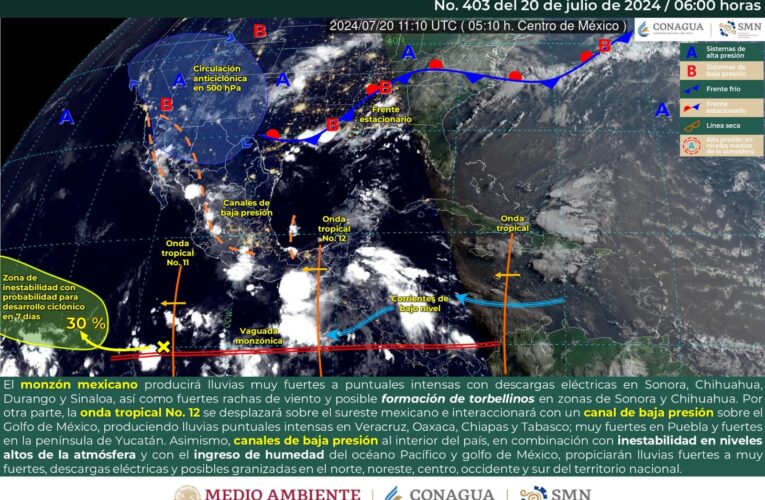 Pronostican lluvias puntuales intensas en Sonora, Veracruz, Oaxaca, Chiapas y Tabasco