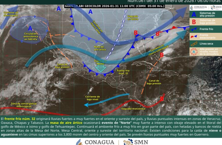 Frente frío 32 azota el sureste: lluvias intensas y “Norte” violento este 31 de enero